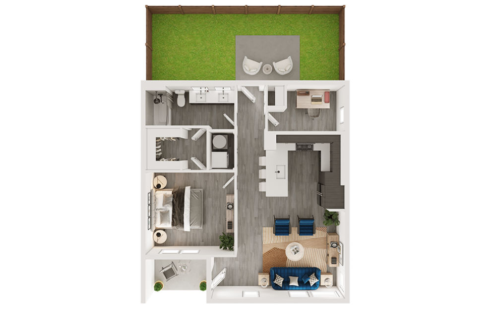 a2 - 1 bedroom floorplan layout with 1 bathroom and 858 square feet (3D)