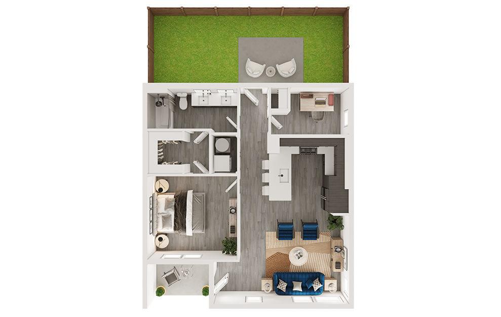 a2 - 1 bedroom floorplan layout with 1 bath and 858 square feet. (3D)
