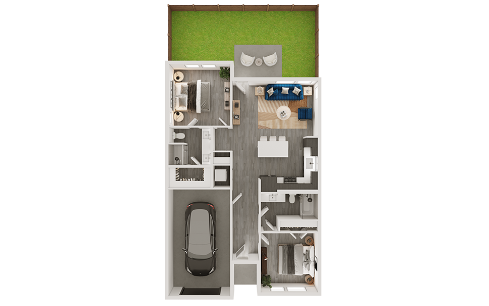 b1sf - 2 bedroom floorplan layout with 2 bathrooms and 1026 square feet (3D)