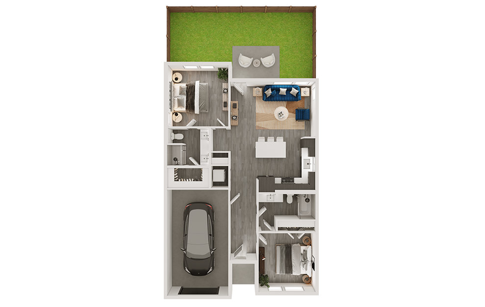b1sf - 2 bedroom floorplan layout with 2 baths and 1026 square feet. (3D)