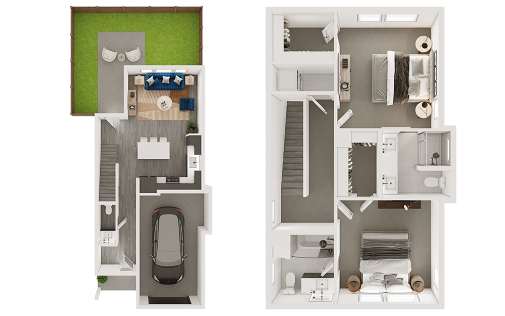 b2 single-family - 2 bedroom floorplan layout with 2.5 bathrooms and 1225 square feet (3D)