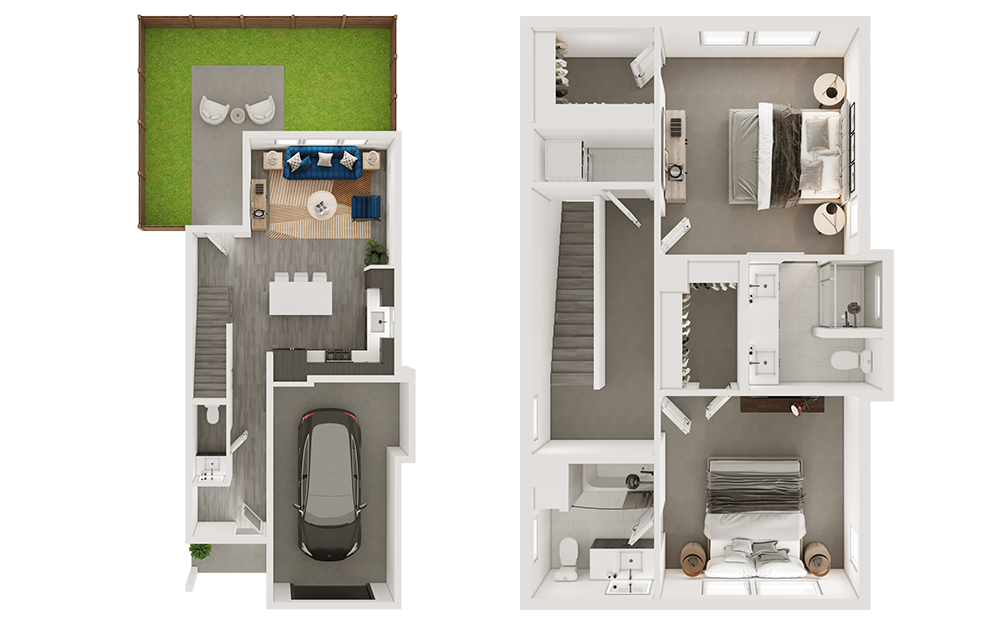 b2sf - 2 bedroom floorplan layout with 2.5 baths and 1225 square feet. (3D)