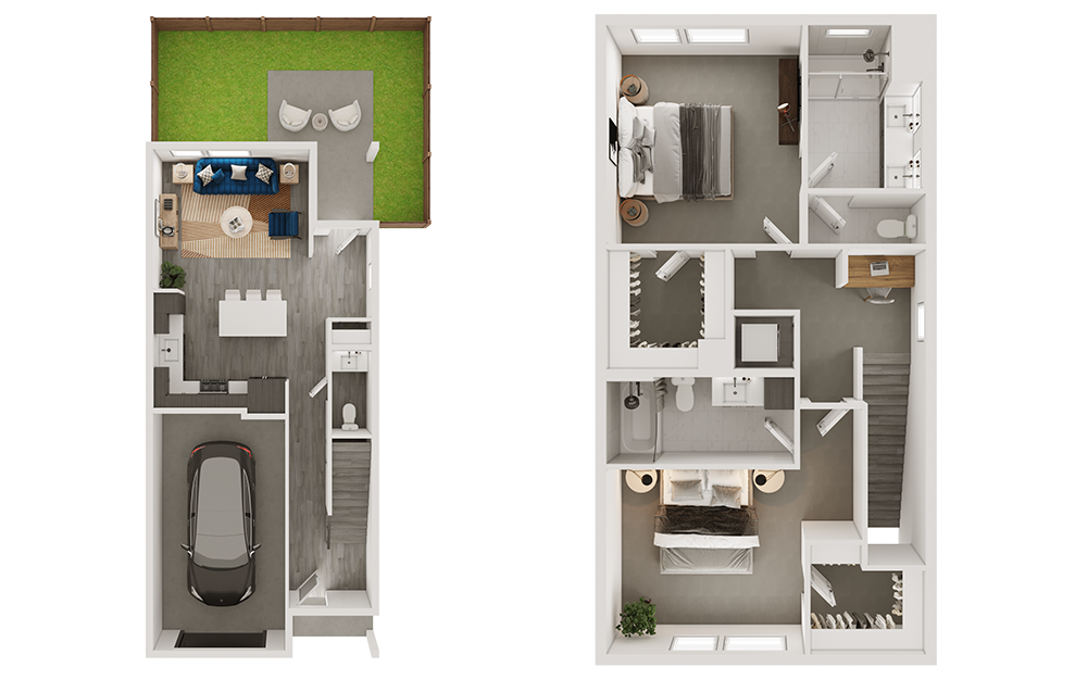 b3th - 2 bedroom floorplan layout with 2.5 baths and 1326 to 1335 square feet. (3D)