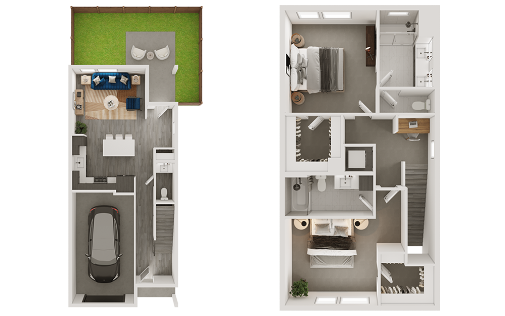 b3th - 2 bedroom floorplan layout with 2.5 bathrooms and 1326 - 1335 square feet (3D)