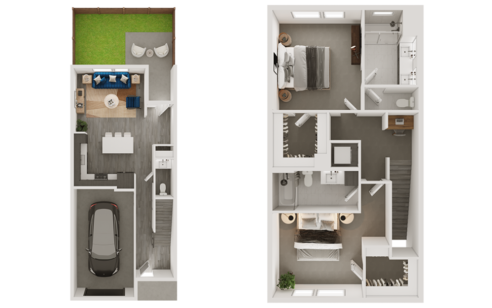 b4th - 2 bedroom floorplan layout with 2.5 bathrooms and 1367 square feet (3D)