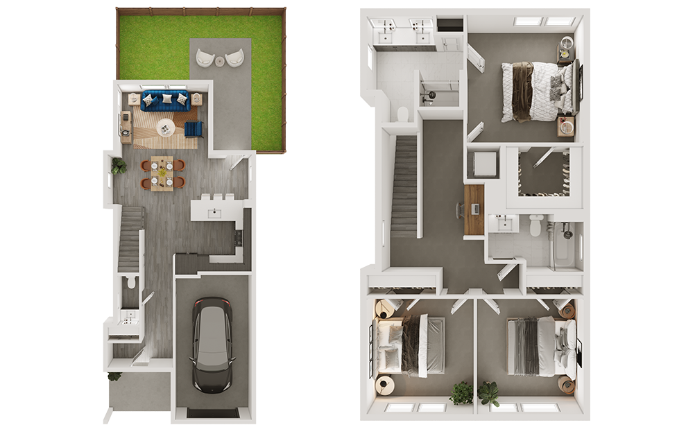 c2sf - 3 bedroom floorplan layout with 2.5 baths and 1586 square feet. (3D)