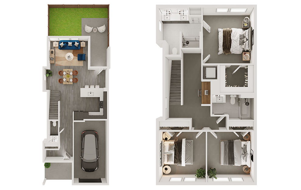 c2th - 3 bedroom floorplan layout with 2.5 baths and 1586 square feet. (3D)
