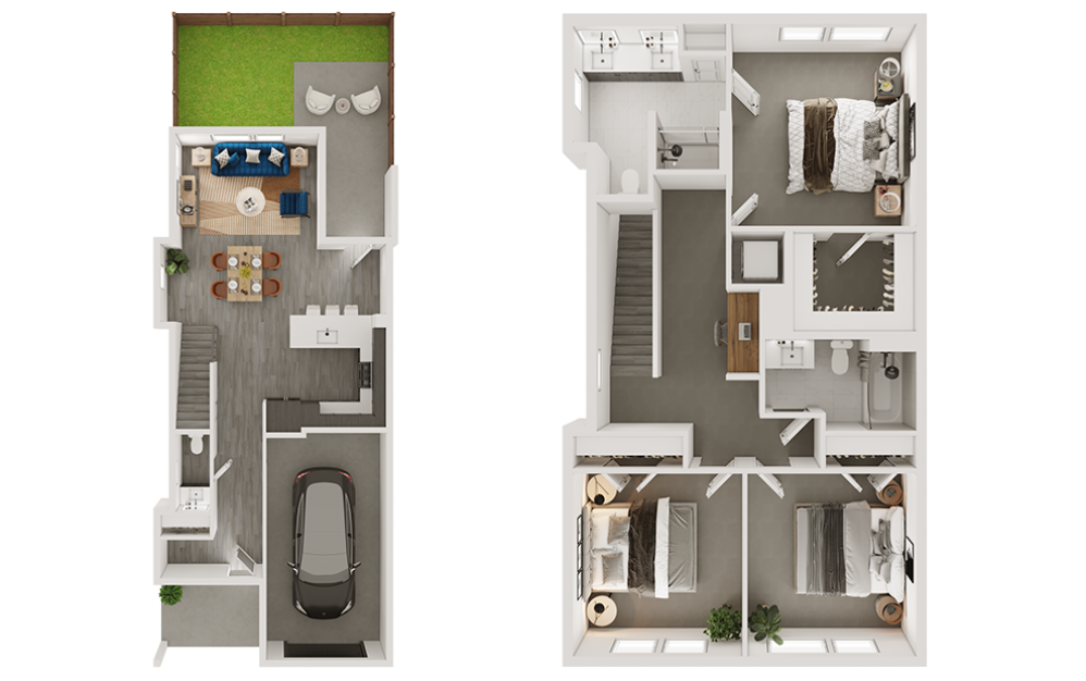 c2 townhome - 3 bedroom floorplan layout with 2.5 bathrooms and 1586 square feet (3D)