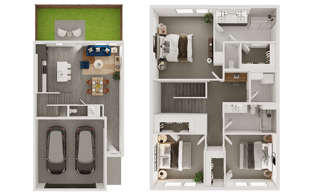 c3th - 3 bedroom floorplan layout with 2.5 baths and 1689 square feet. (3D)