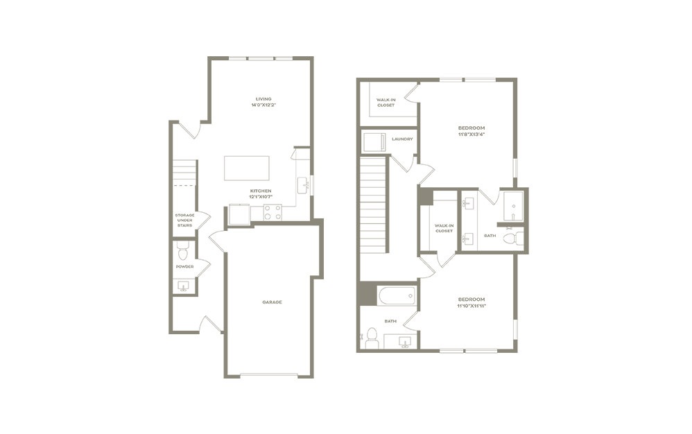 b2sf - 2 bedroom floorplan layout with 2.5 baths and 1225 square feet. (2D)
