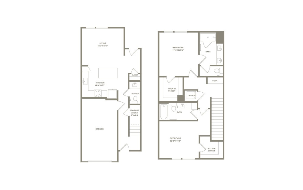 b3th - 2 bedroom floorplan layout with 2.5 baths and 1326 to 1335 square feet. (2D)
