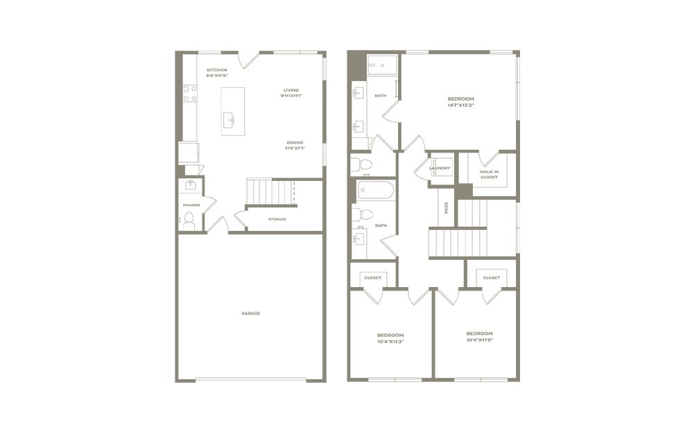 c1th - 3 bedroom floorplan layout with 2.5 baths and 1440 to 1452 square feet. (2D)